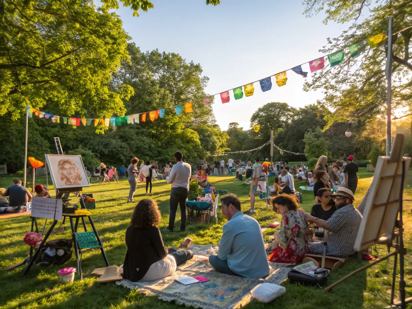 A community-focused celebration of life event held in a park, with attendees participating in activities that reflect the deceased's hobbies and interests, fostering a sense of connection and shared memories.