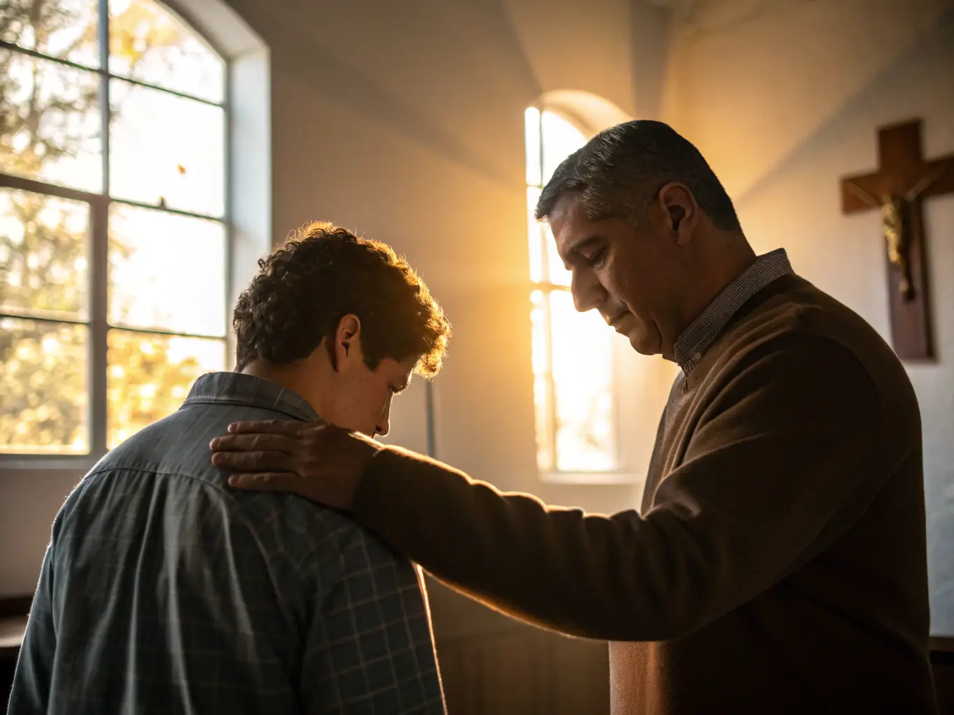 A serene image of a minister offering a comforting hand to an individual in a quiet, sunlit room, symbolizing spiritual support and guidance.