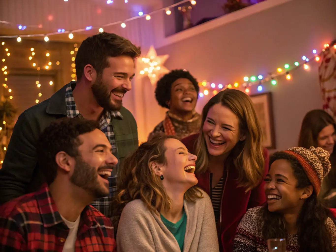 A joyful celebration with family and friends sharing memories and stories in a vibrant setting, showcasing Sunset Chapels®' celebration of life events.
