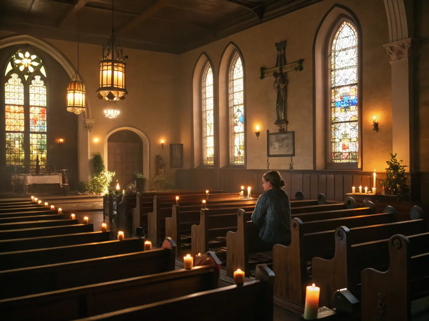 A peaceful image of a person meditating in a chapel, bathed in soft light, representing inner peace and spiritual reflection.