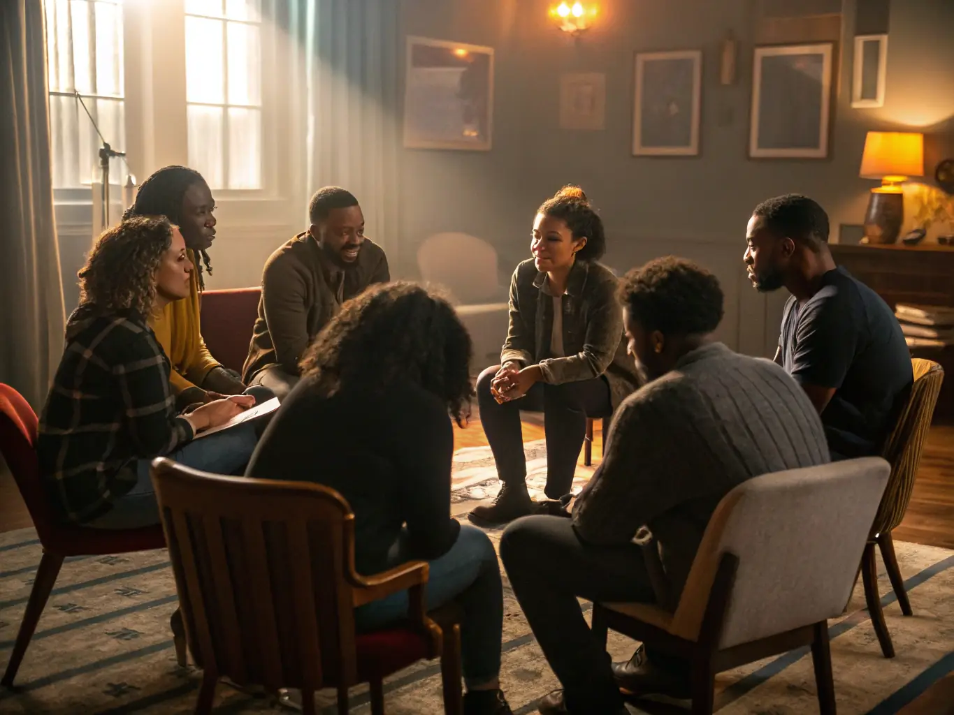 A serene image of a support group meeting in a sunlit room, with participants sharing stories and offering comfort to one another. The atmosphere is warm and inviting, symbolizing hope and healing.