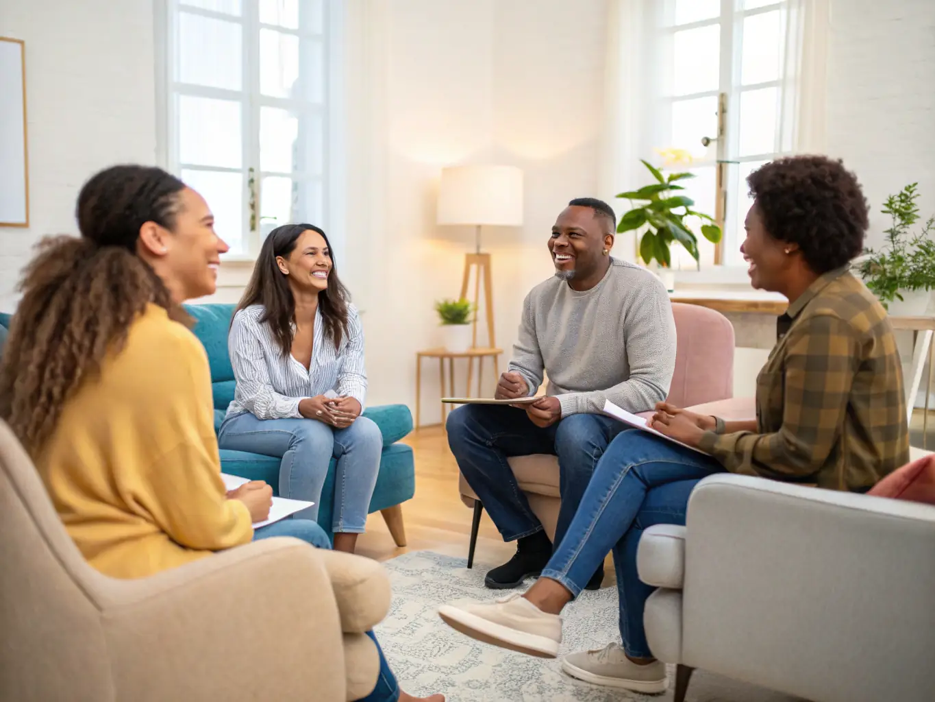 A photograph of a diverse group of people participating in a grief support workshop, engaging in activities that promote healing and remembrance. The setting is peaceful and supportive.