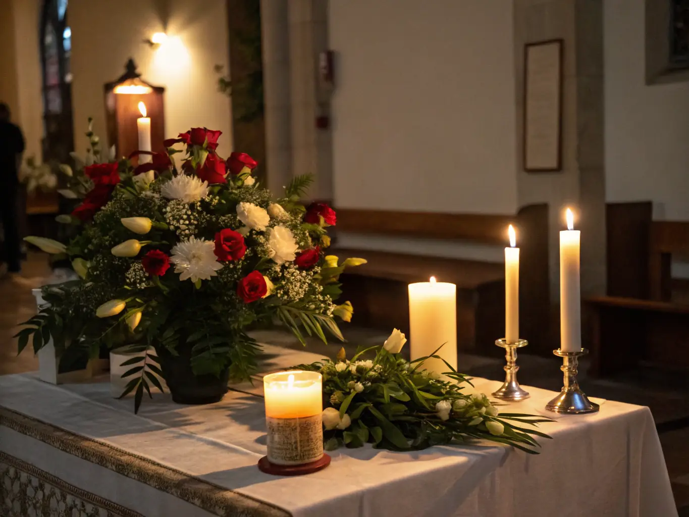 A serene indoor celebration of life event with soft lighting, floral arrangements, and a slideshow of cherished memories playing in the background, creating a peaceful and reflective atmosphere.