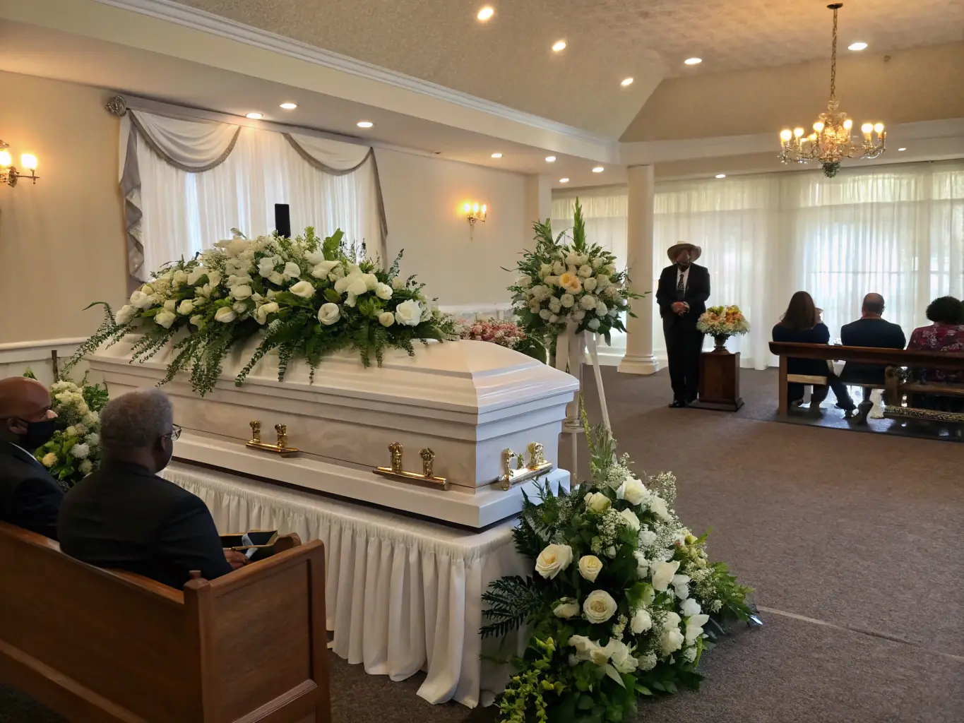A serene chapel setting with floral arrangements and a cross, symbolizing faith and remembrance, prepared for a faith-based funeral ceremony at Sunset Chapels®.