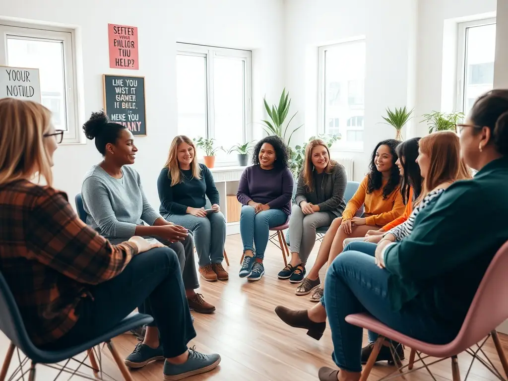 A serene image of a support group meeting in a sunlit room, symbolizing community and shared healing experiences in grief support.