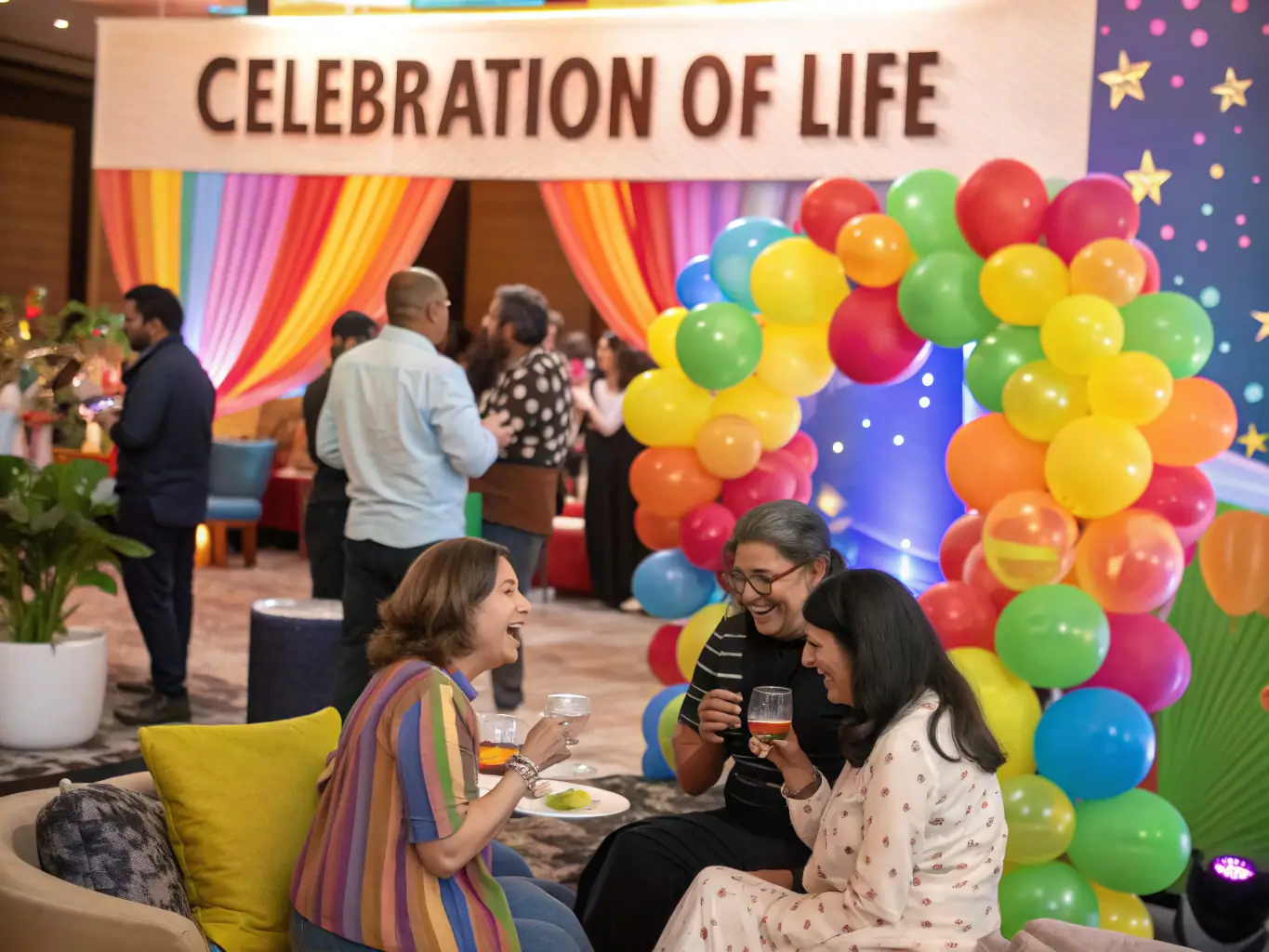 A vibrant photograph capturing a celebration of life event, with family and friends sharing stories and memories in a joyful setting.