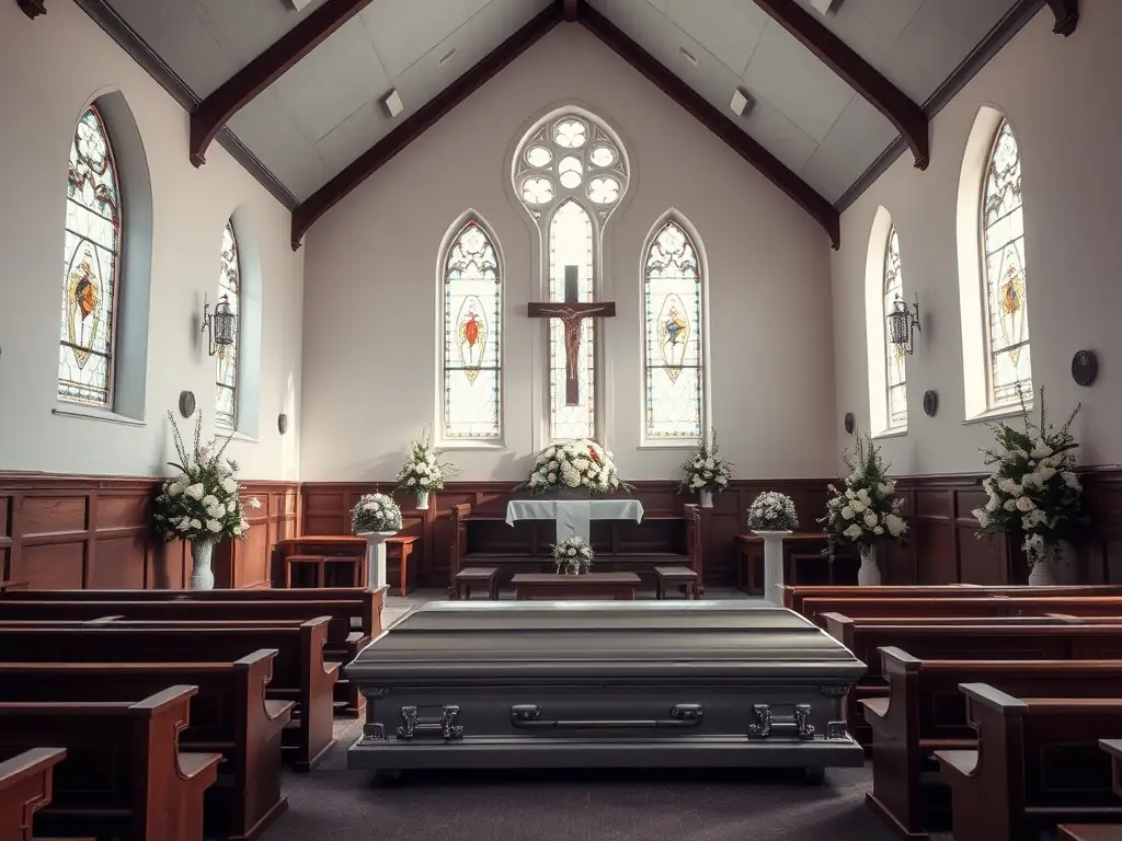 A serene image of a chapel interior with soft lighting, symbolizing a peaceful and comforting environment for a funeral service.