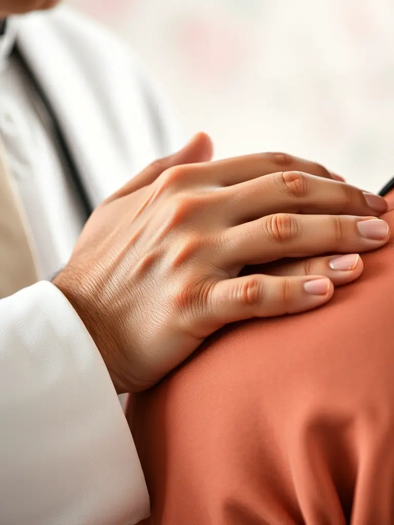 A close-up image of a pastor's hands gently resting on the shoulder of a grieving individual, symbolizing comfort and empathy. The background is blurred, focusing on the connection between the two.