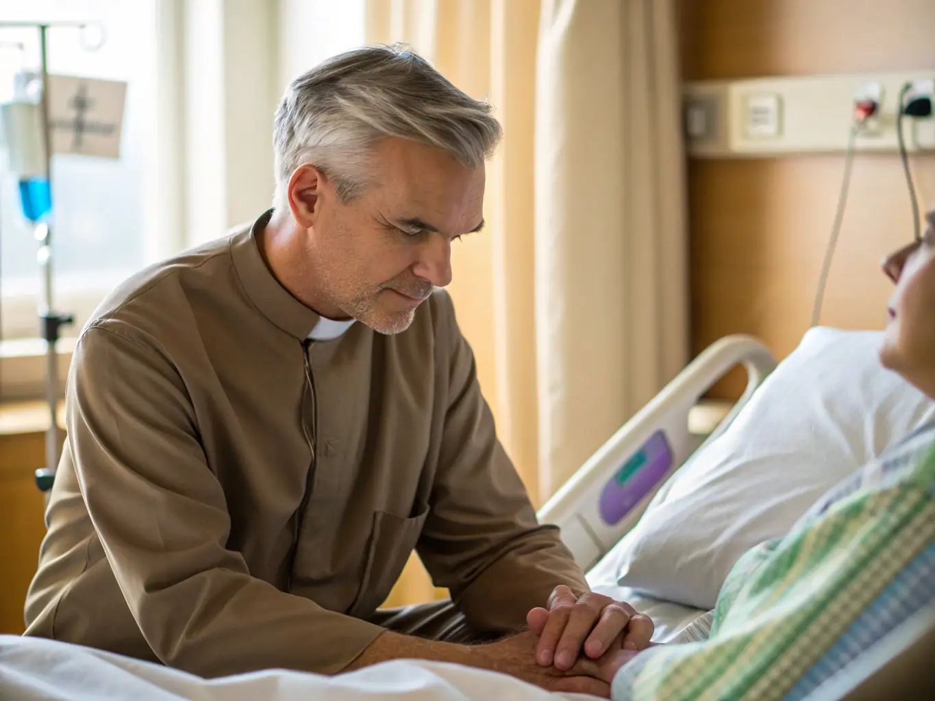 A serene image depicting a chaplain offering comfort to a grieving family during a funeral service at Sunset Chapels®, emphasizing compassion and support.
