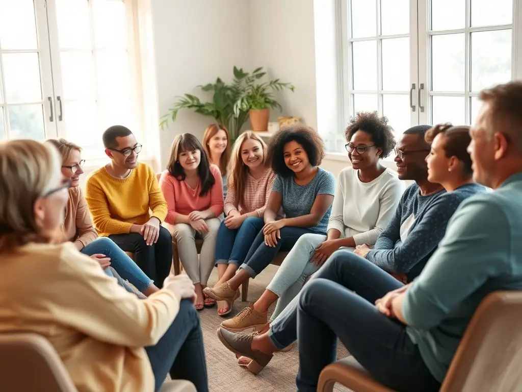 A photograph of a grief support group meeting at Sunset Chapels®, showing individuals sharing their experiences and finding comfort in a supportive environment.