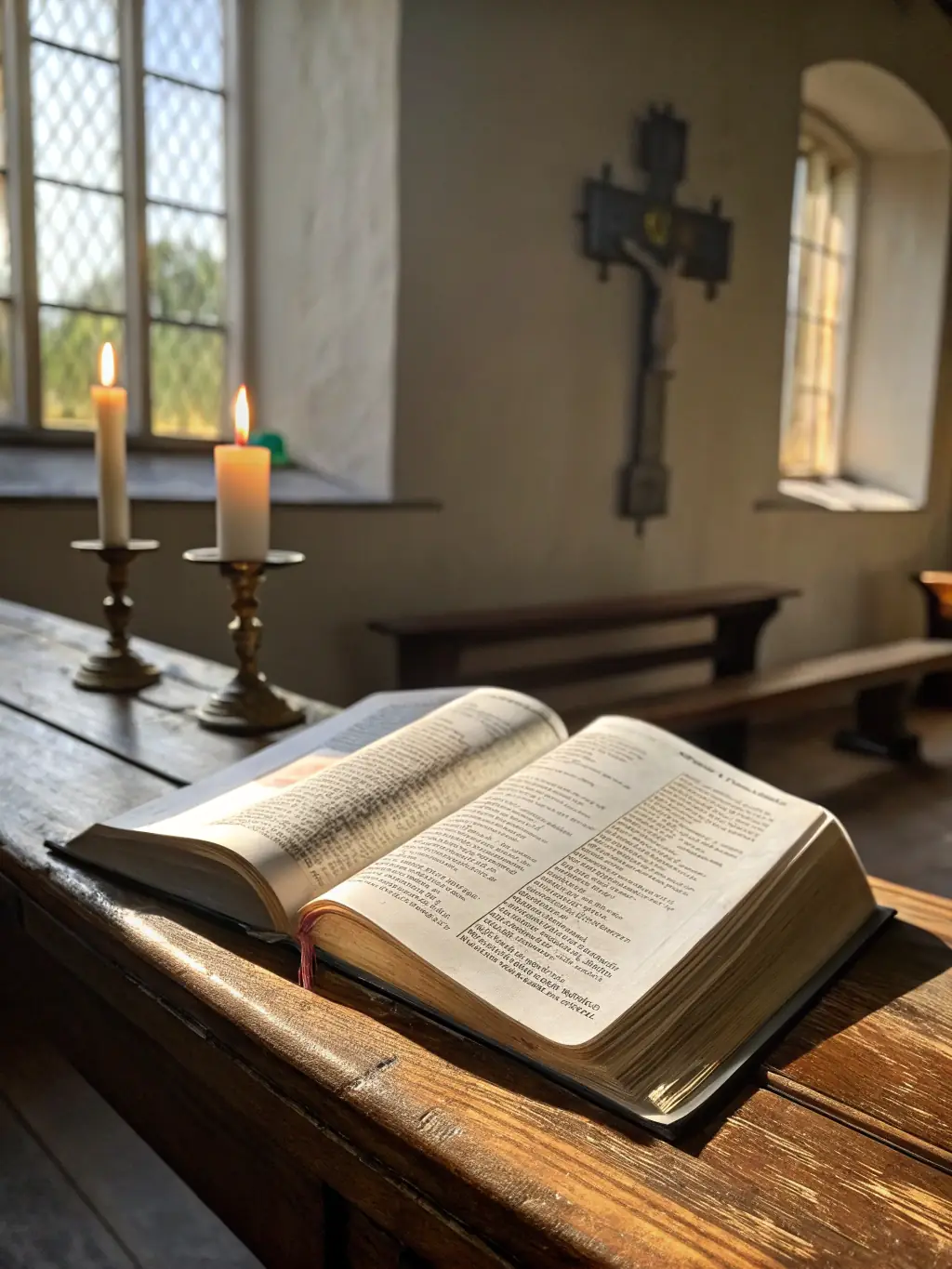 An image of a Bible open to a comforting verse, with a soft light shining upon it. A rosary or cross is subtly placed nearby, symbolizing faith and hope.