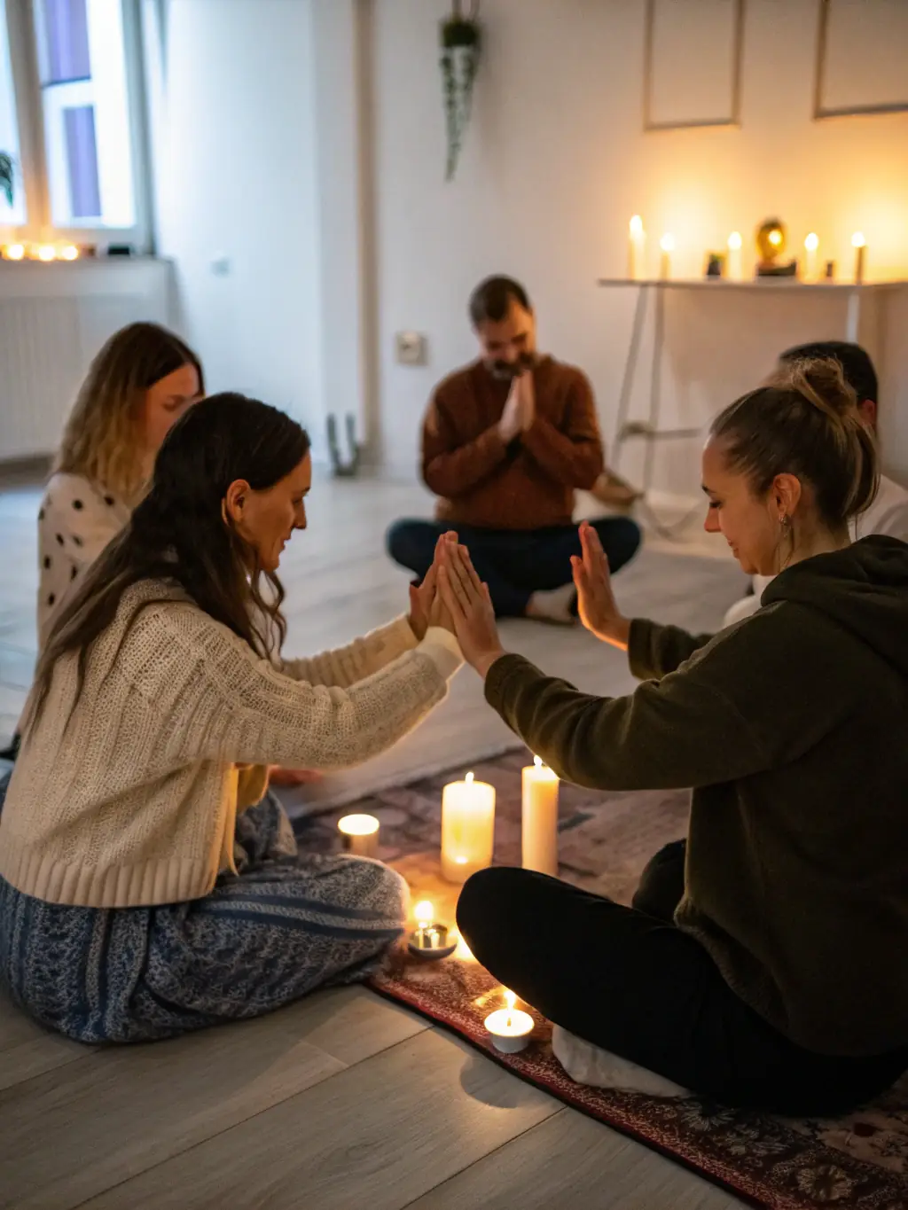 A serene image depicting a group of people in a support group setting, heads bowed in prayer, led by a pastor. The scene is bathed in soft, warm light, conveying a sense of peace and community.