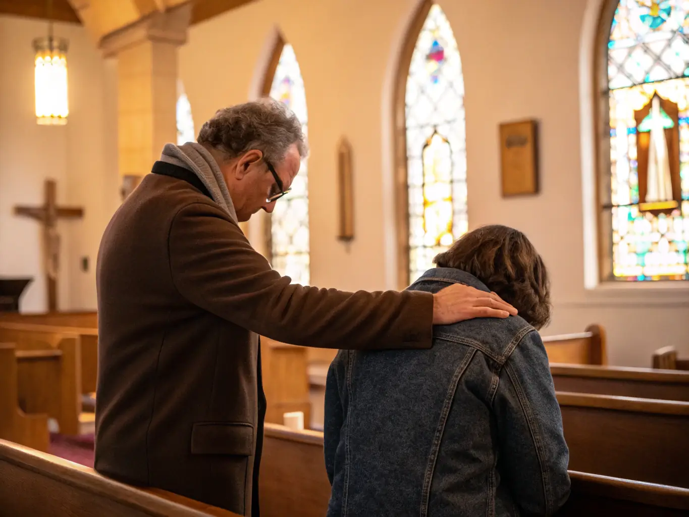 A photograph of a pastor or spiritual leader offering a comforting hand to a grieving individual in a quiet, supportive setting. The scene should convey empathy, understanding, and spiritual support.