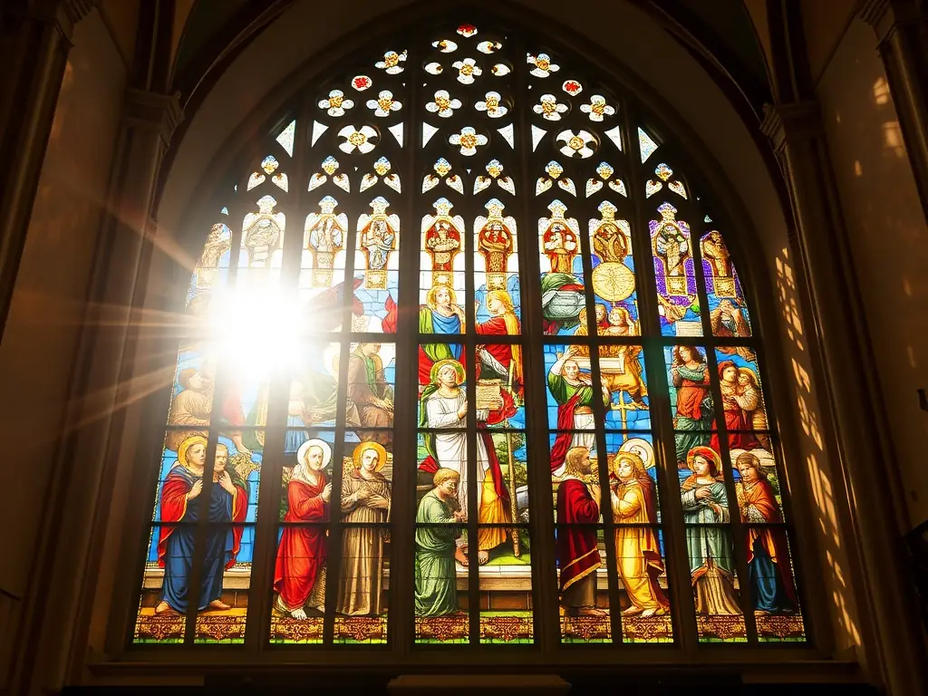 A serene image depicting a stained-glass window in a church, with sunlight streaming through, creating a peaceful and comforting atmosphere. The window should feature religious symbols relevant to Christianity, such as a cross or a dove.
